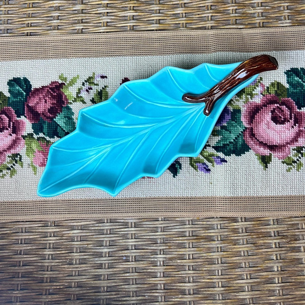 Vintage 1957 Miramar California Turquoise Leaf Dish Mid Century Modern